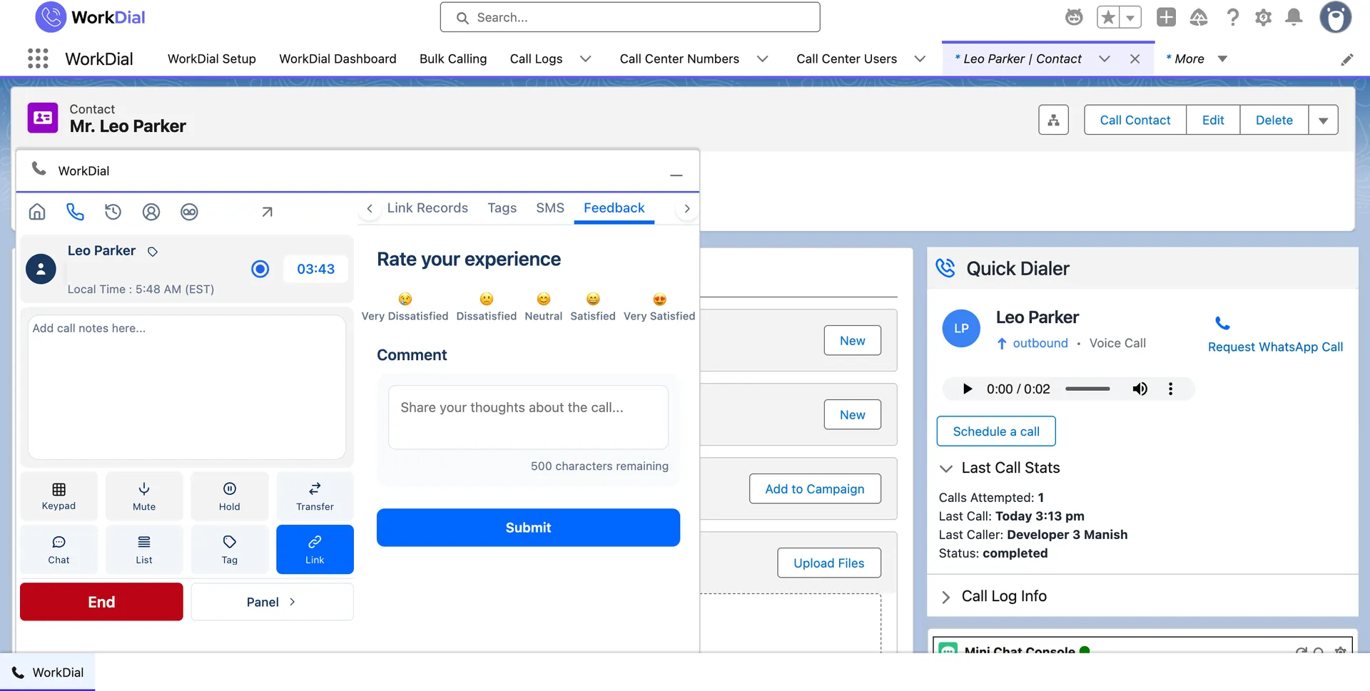 The WorkDial after-call feedback panel on a Salesforce record, with a satisfaction rating and a comment field