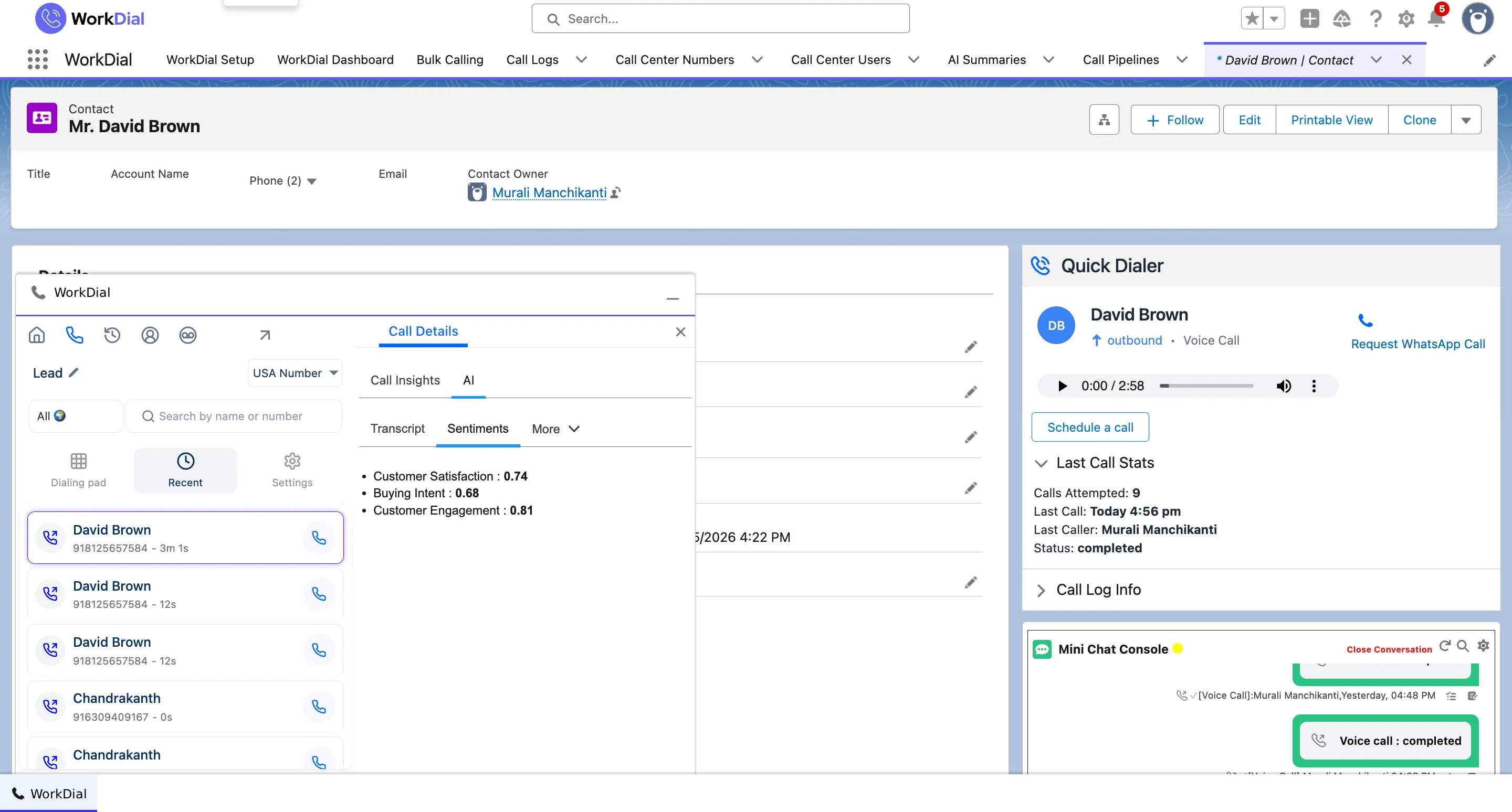 A sentiment score written to Sentiment__c on the Salesforce call record