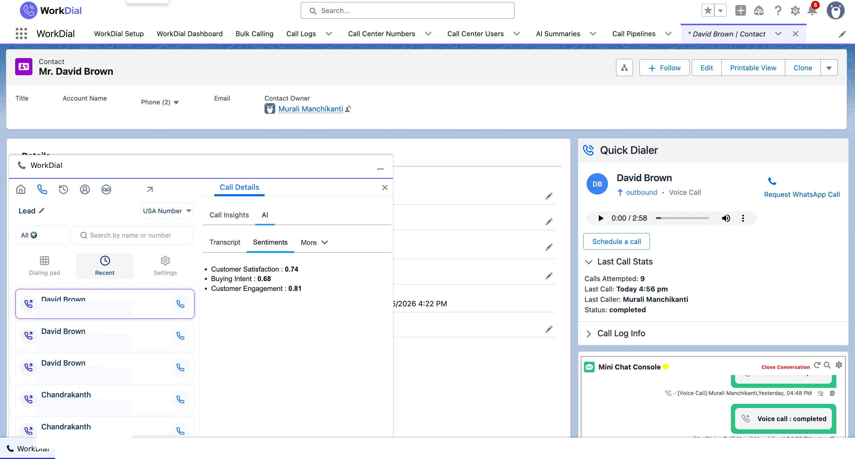 A sentiment score written to Sentiment__c on the Salesforce call record