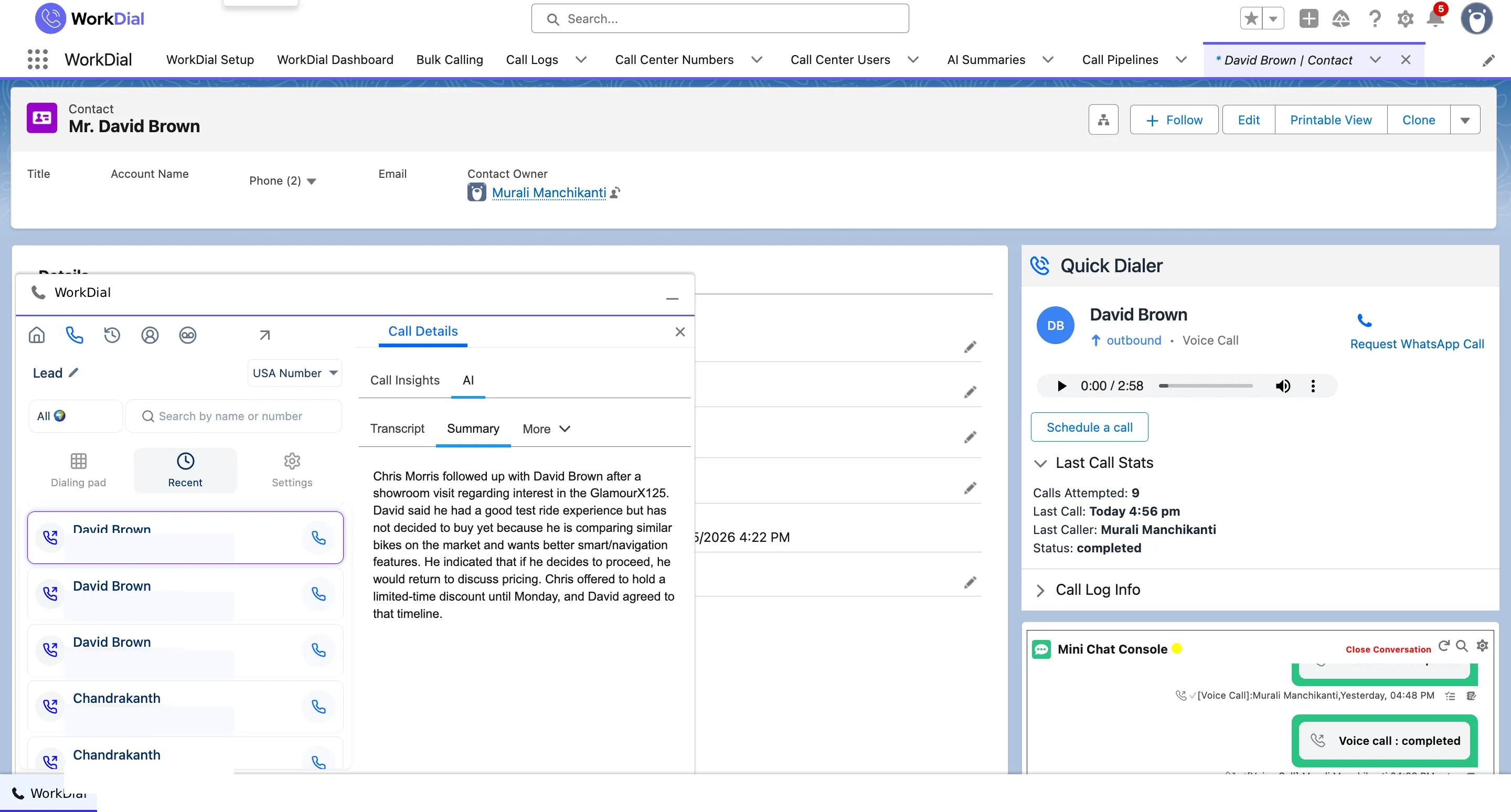 An AI call summary, transcript, and sentiment written onto the Salesforce call record