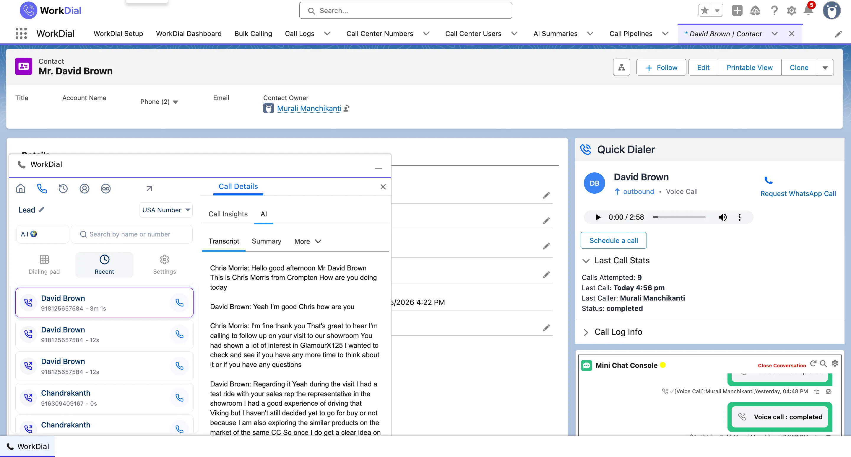 A call transcript written to Transcript__c on the Salesforce call record, with speaker turns