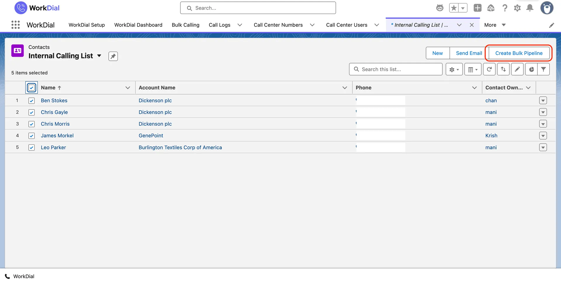 A Salesforce contacts list view with five records selected and the Create Bulk Pipeline button, ready to call the whole list