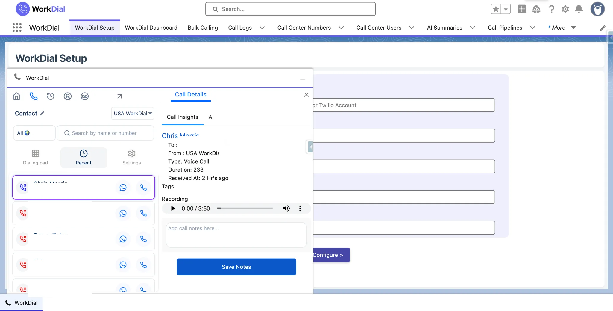 A WorkDial call record in Salesforce with its recording, transcript, and notes, stored in the customer's own org