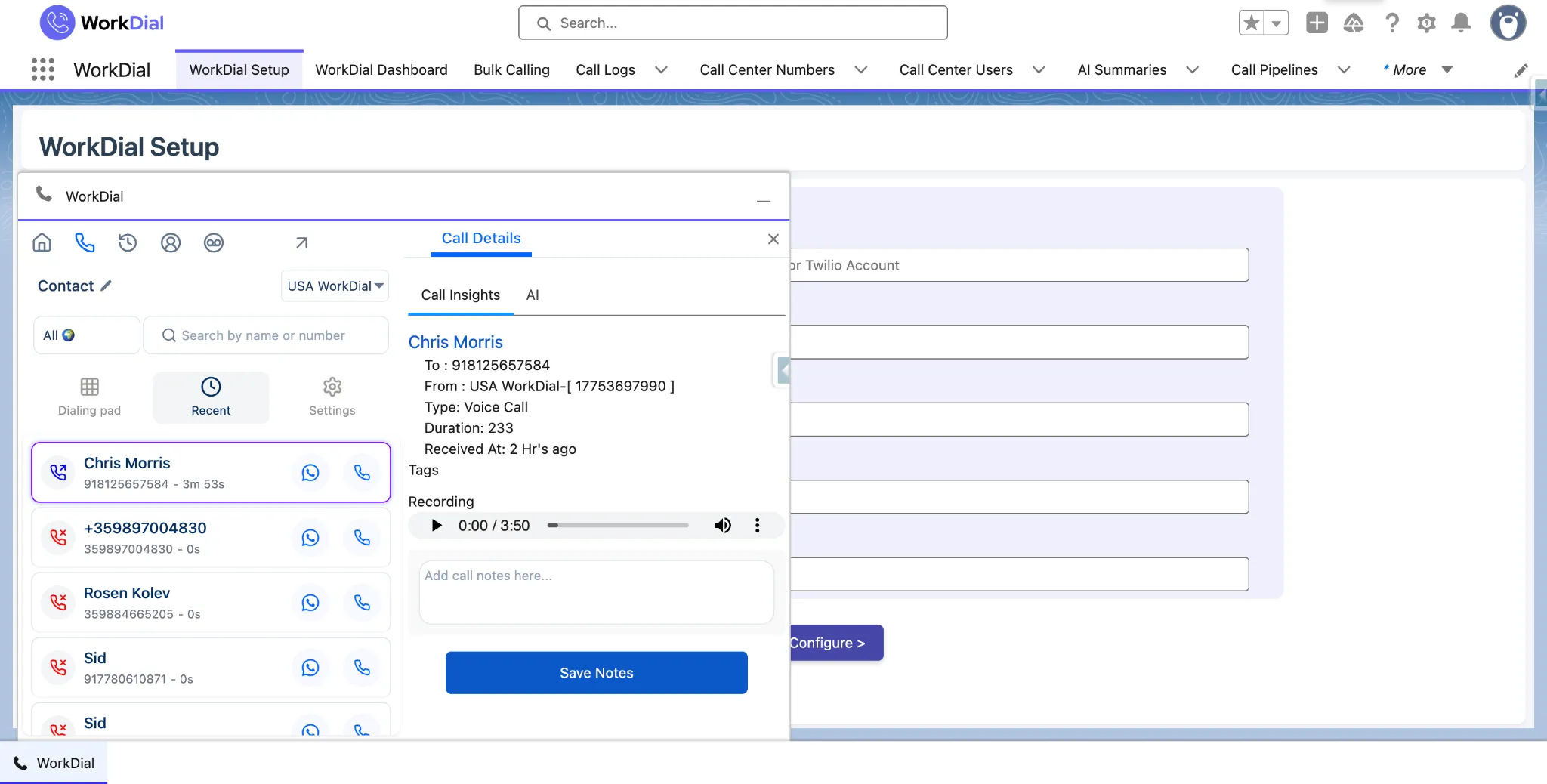 A WorkDial call record in Salesforce with its recording, transcript, and notes, stored in the customer's own org
