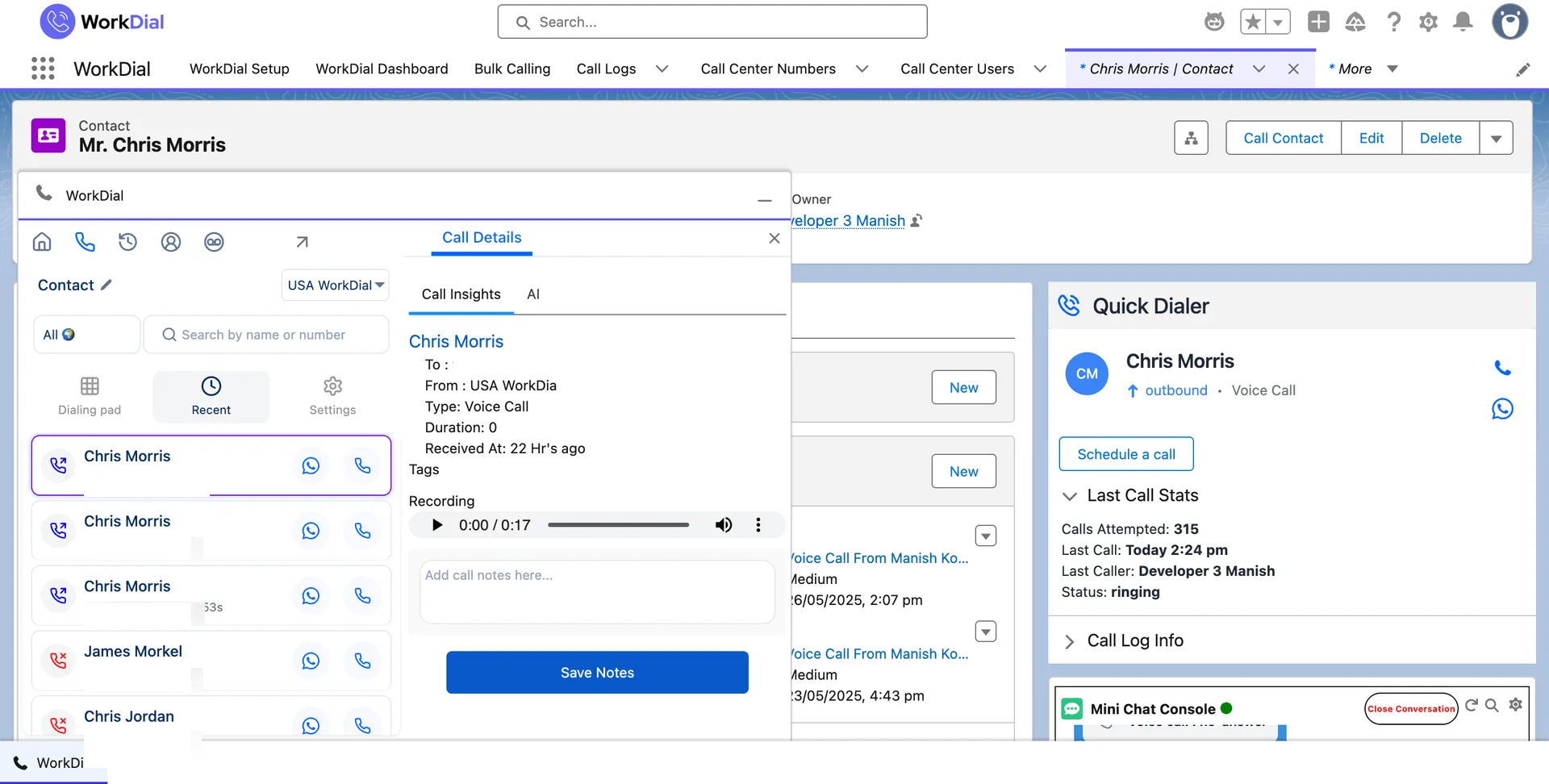 The WorkDial call details card on a Salesforce record, with duration, the recording player, and notes