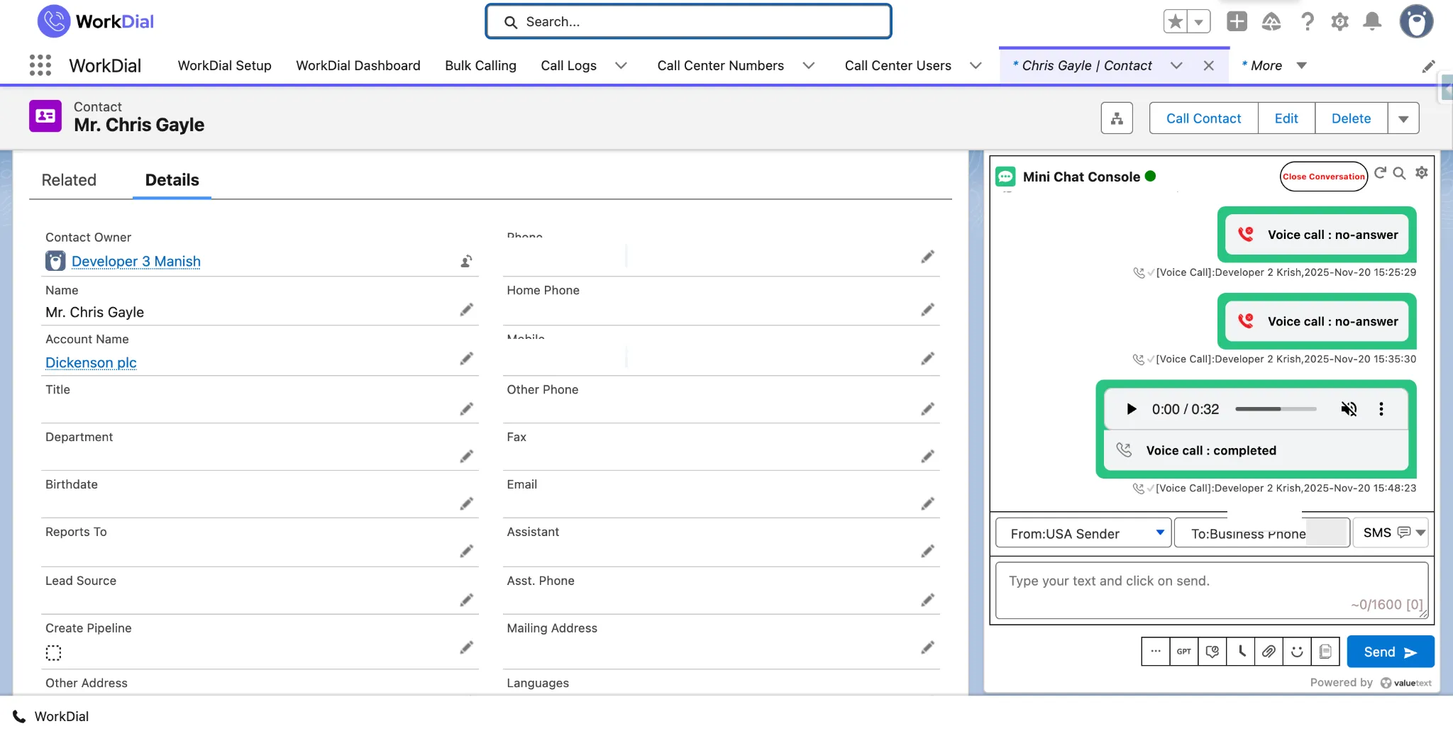 ValueText messaging logged on a Salesforce record in the chat console