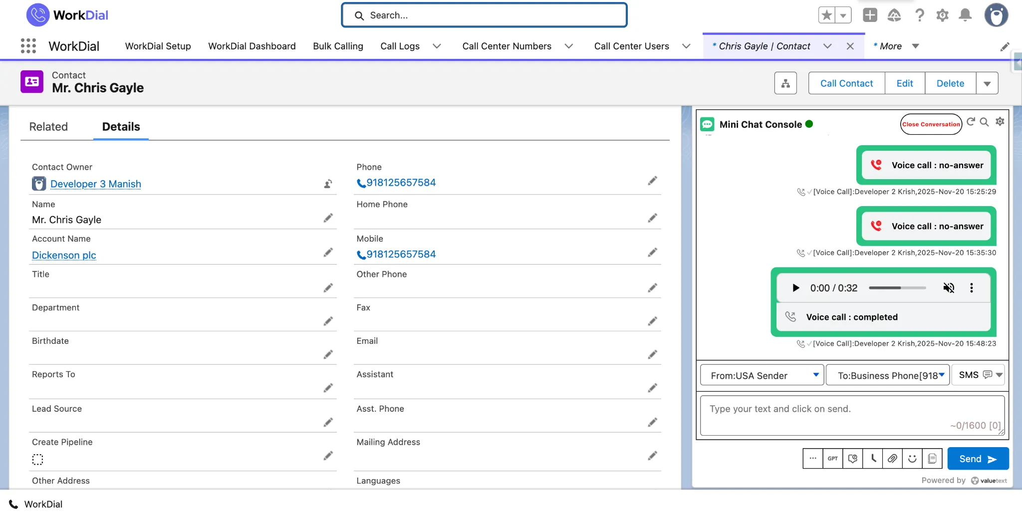 ValueText messaging logged on a Salesforce record in the chat console