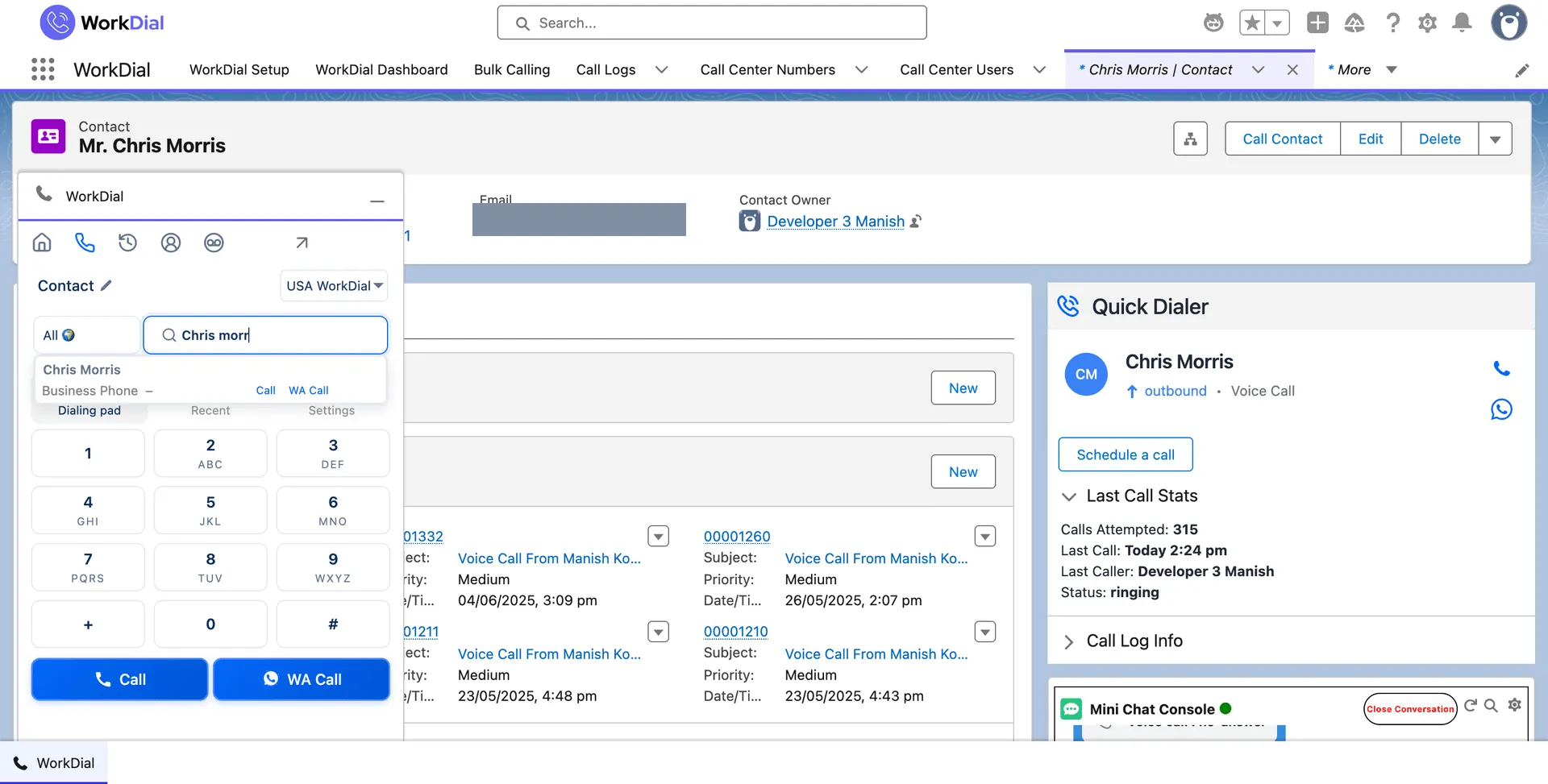 The WorkDial dialer panel with a WA Call button for a WhatsApp voice call on a Salesforce record