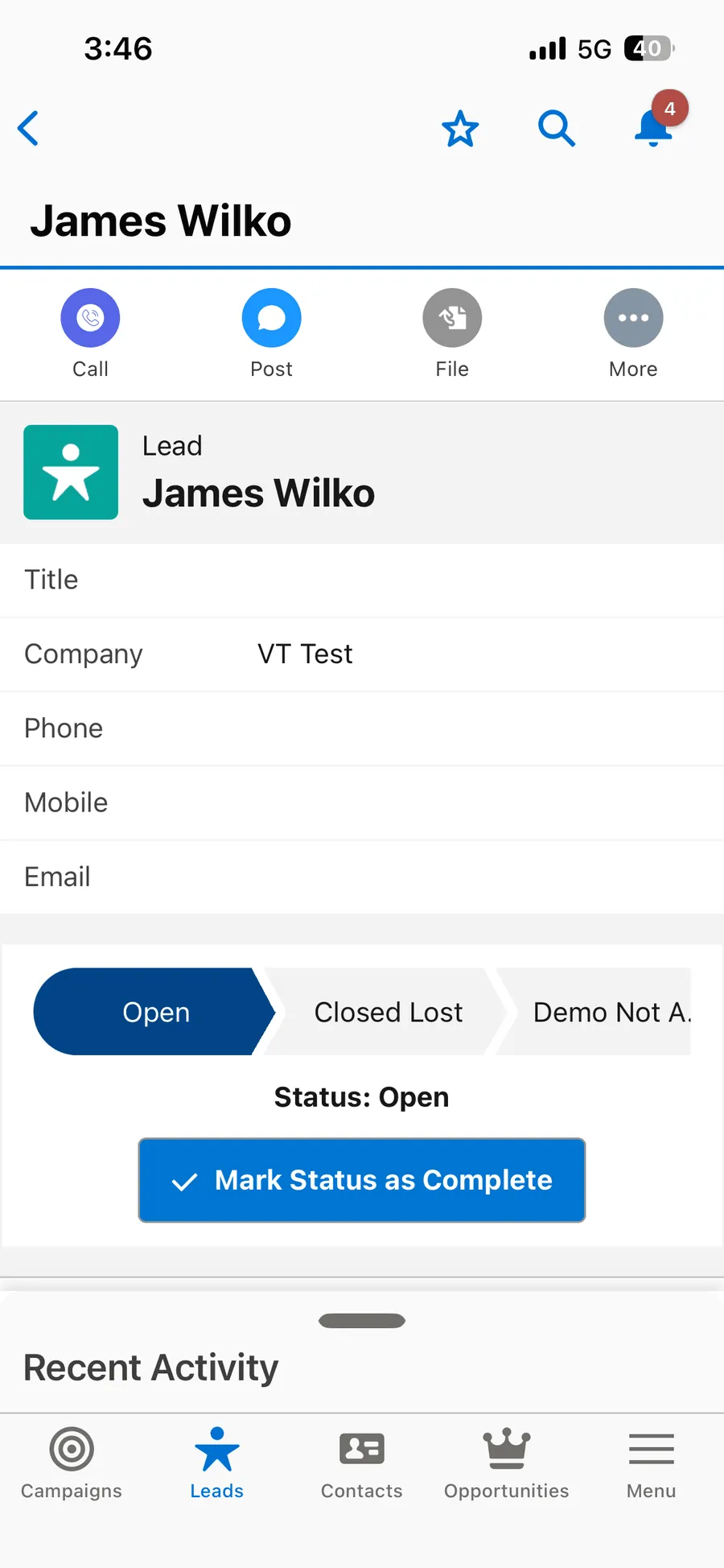 The Salesforce mobile app on a Lead record with the WorkDial Call action