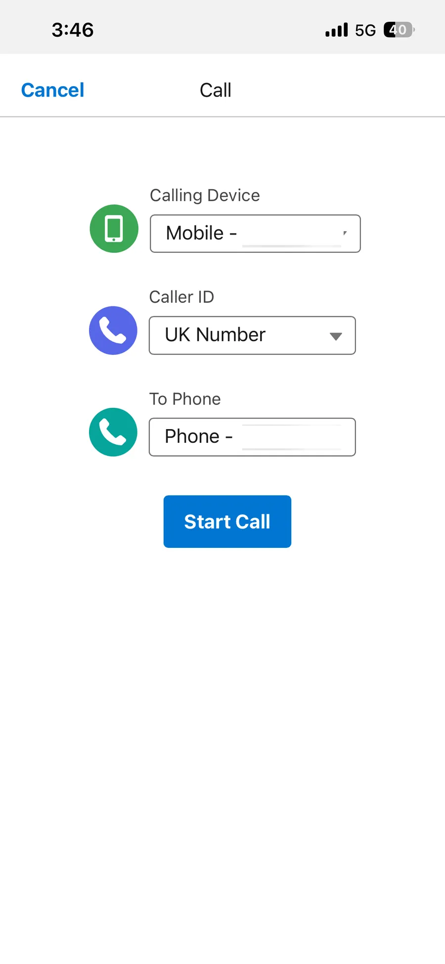 The WorkDial dialer on the Salesforce mobile app placing a call from a record