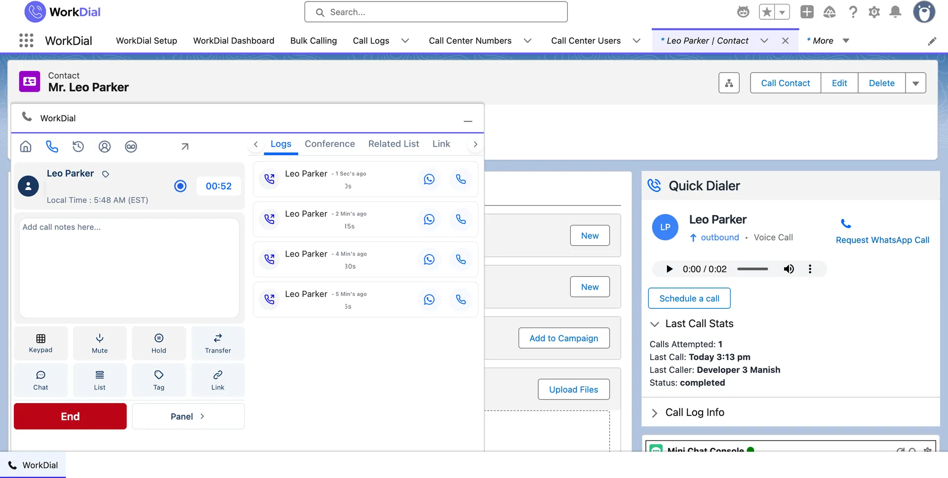 A live WorkDial call on a Salesforce contact record, with the call panel, timer, and recent calls on the record