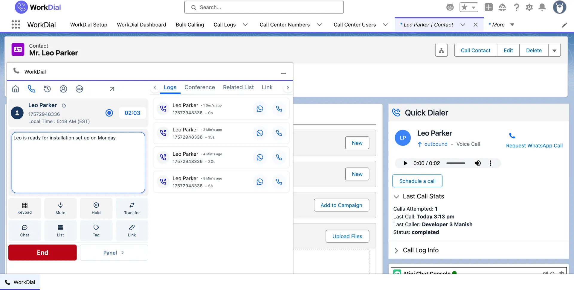 A rep typing call notes into the WorkDial panel inside Salesforce while the call is live