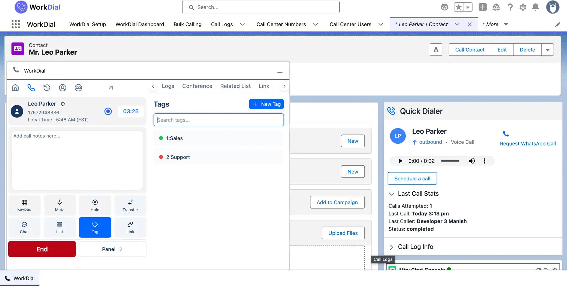 Call outcome tags applied to a call inside Salesforce during the call