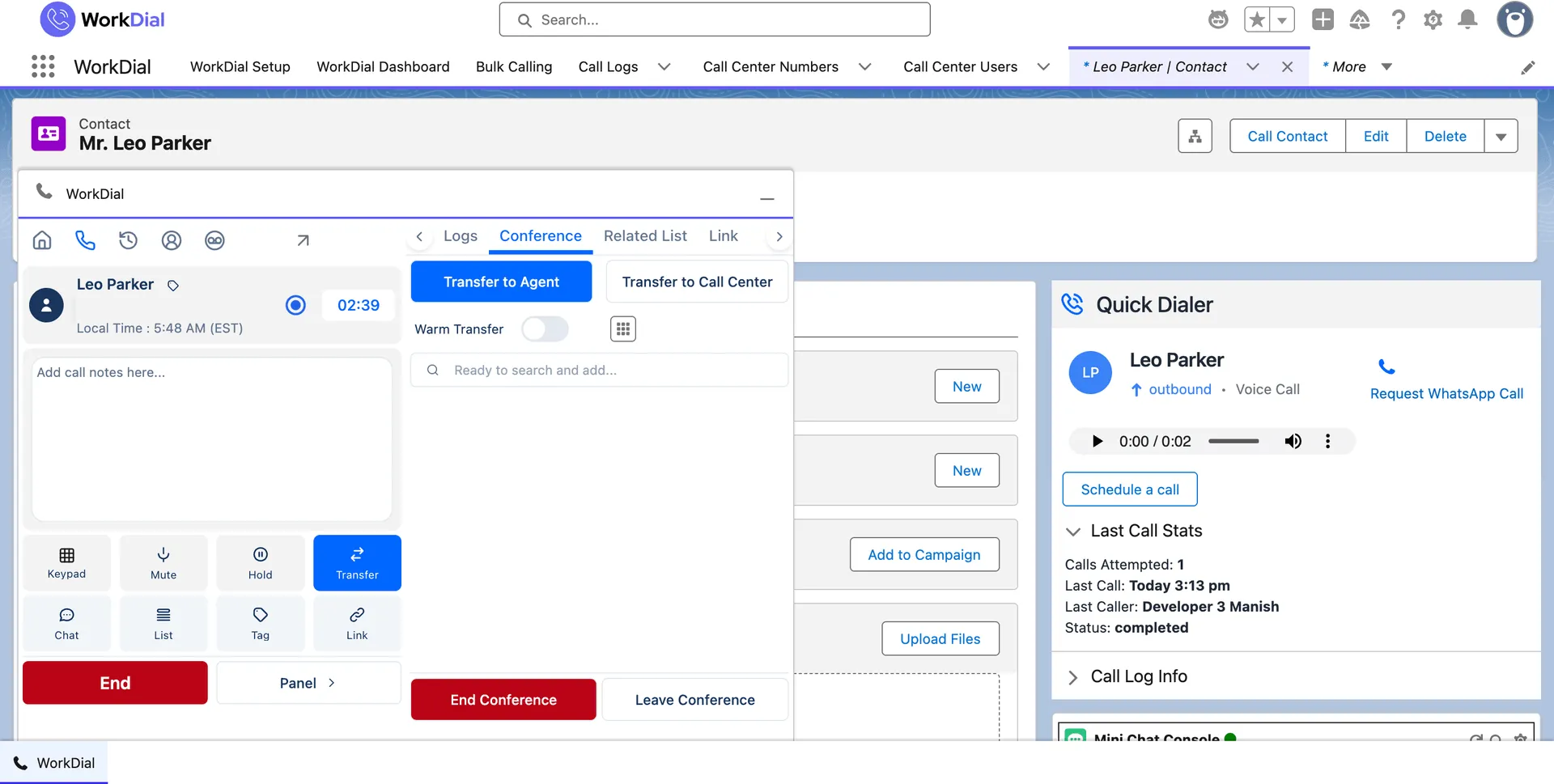 The WorkDial transfer panel during a Salesforce call, with transfer to agent, transfer to call center, and a warm transfer toggle