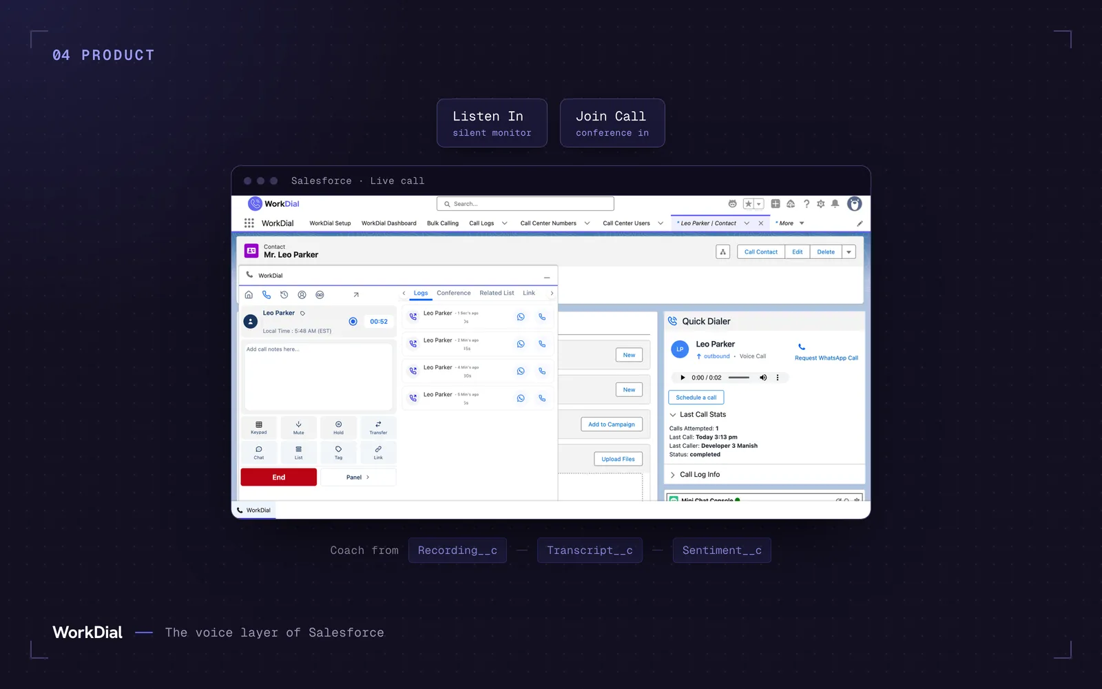 A live Salesforce call inside WorkDial with Listen In and Join Call controls, and the recording, transcript, and sentiment it leaves on the record to coach from.