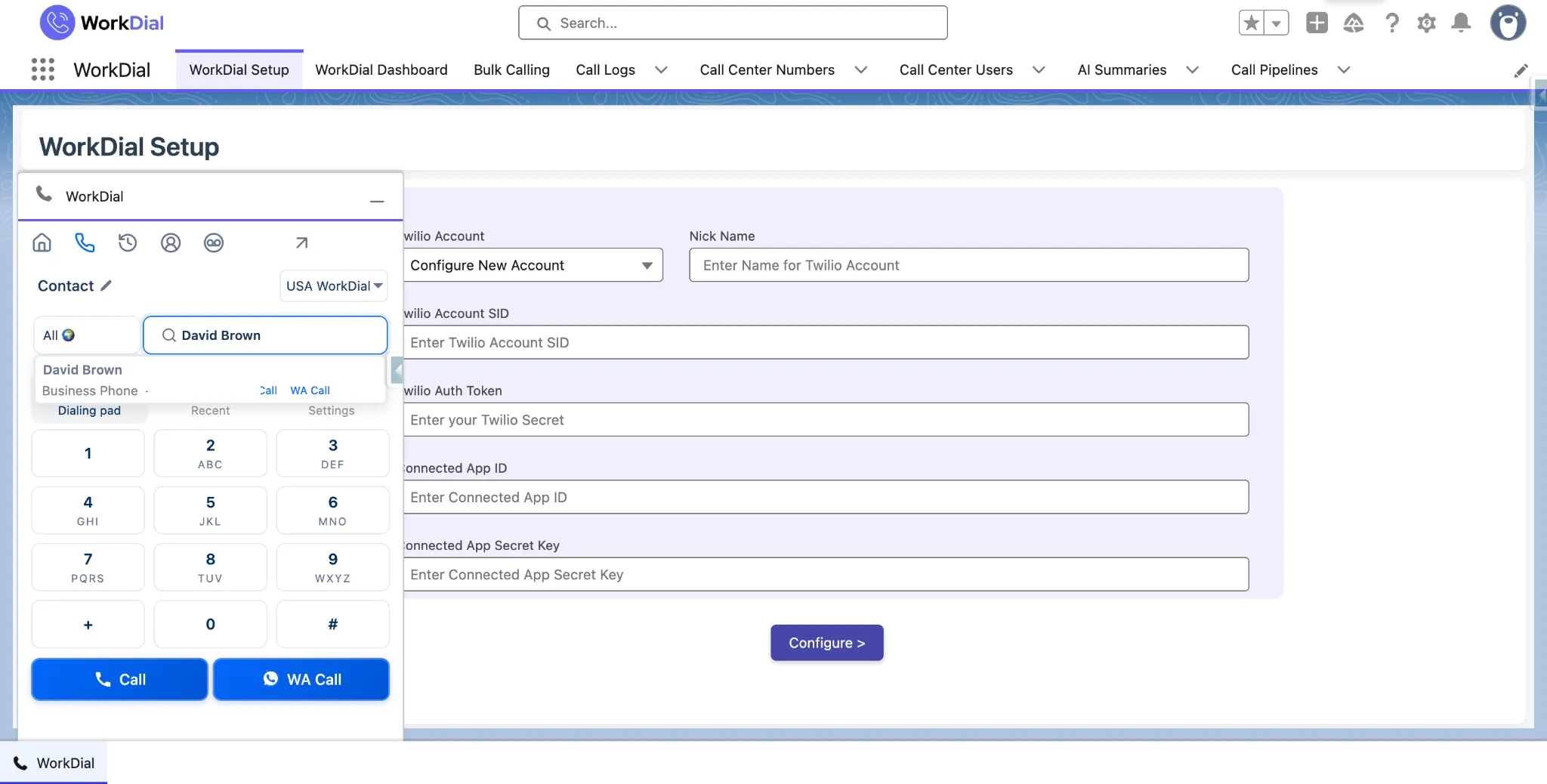 The WorkDial dialer panel open on a Salesforce record