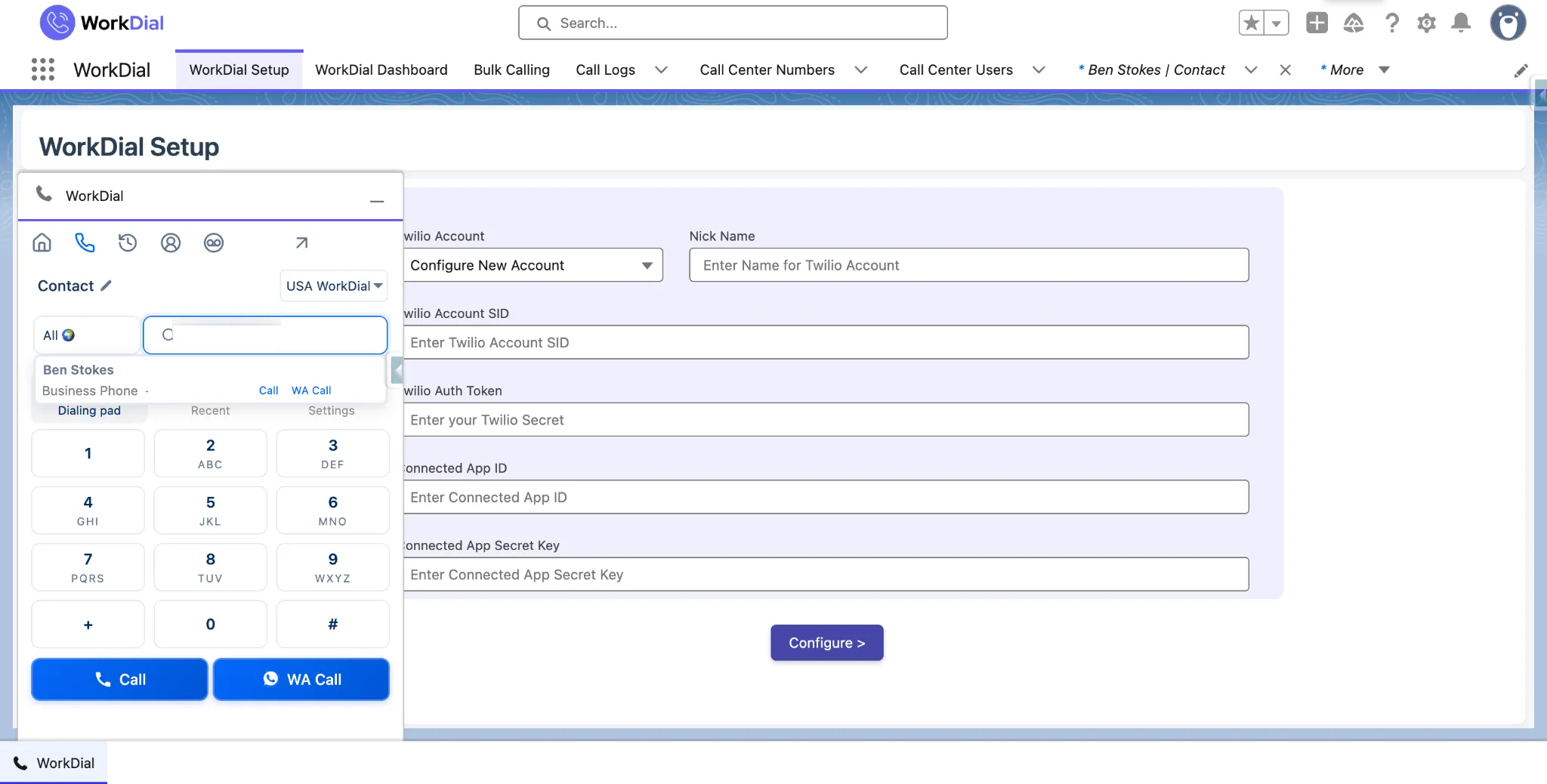 The WorkDial dialer on a Salesforce record, placing a call logged as Call__c