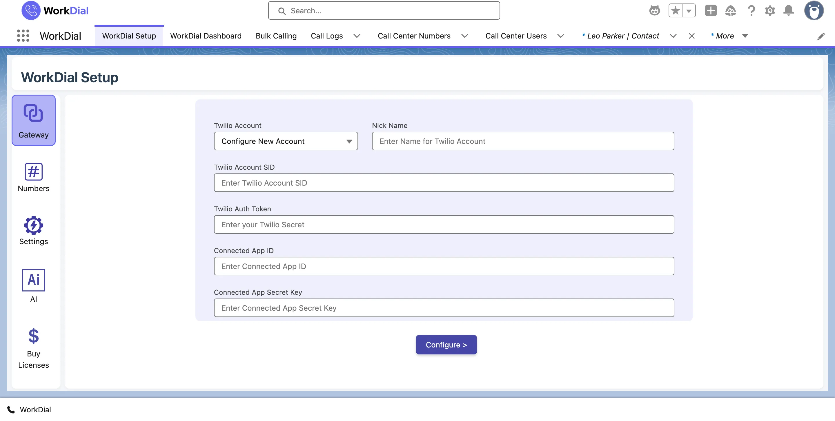 The WorkDial Setup gateway in Salesforce connecting your own Twilio account with Account SID, Auth Token, and Connected App credentials