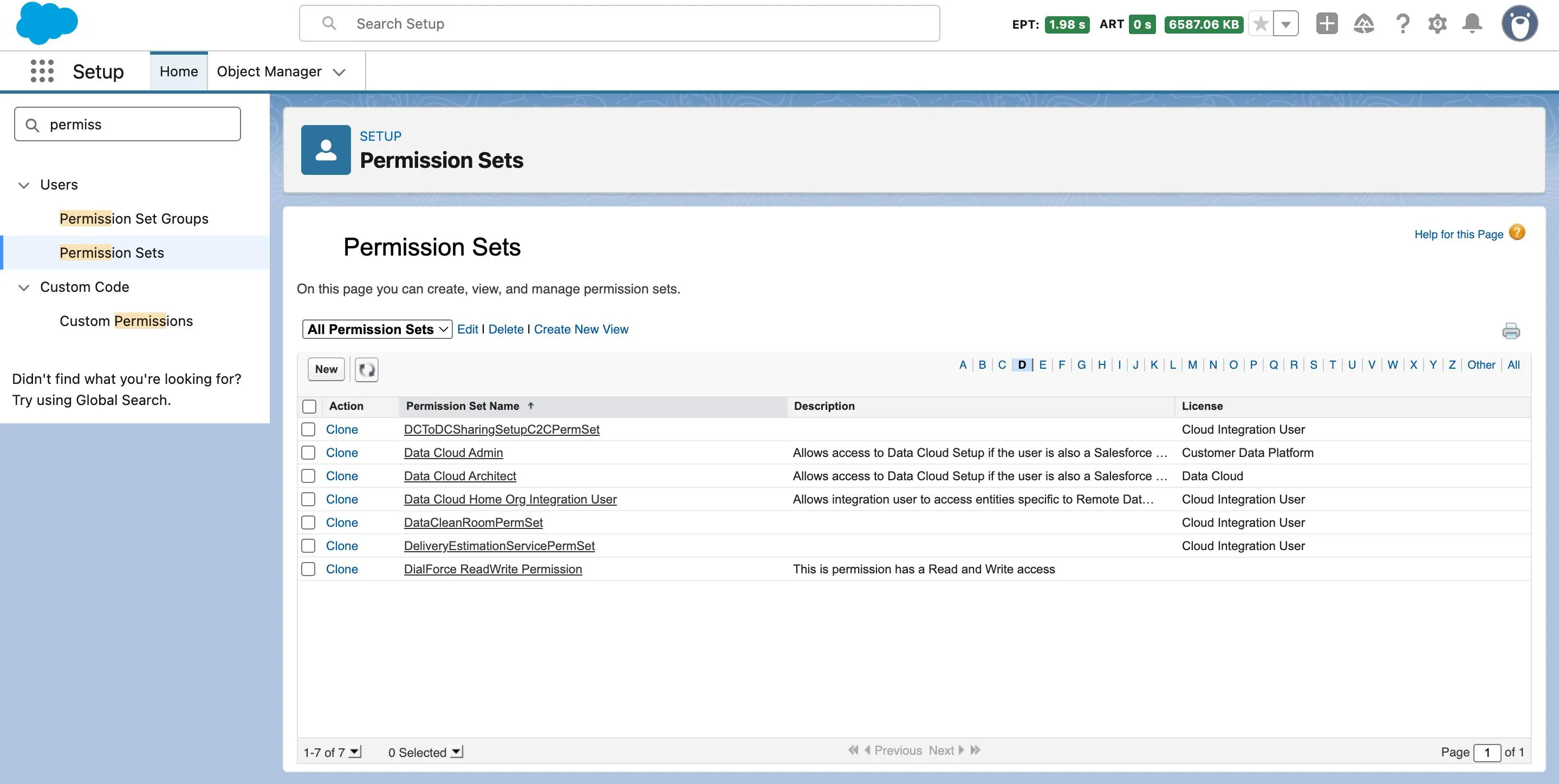 The Salesforce Permission Sets page in Setup, where you assign the WorkDial permission set to the people who will be calling