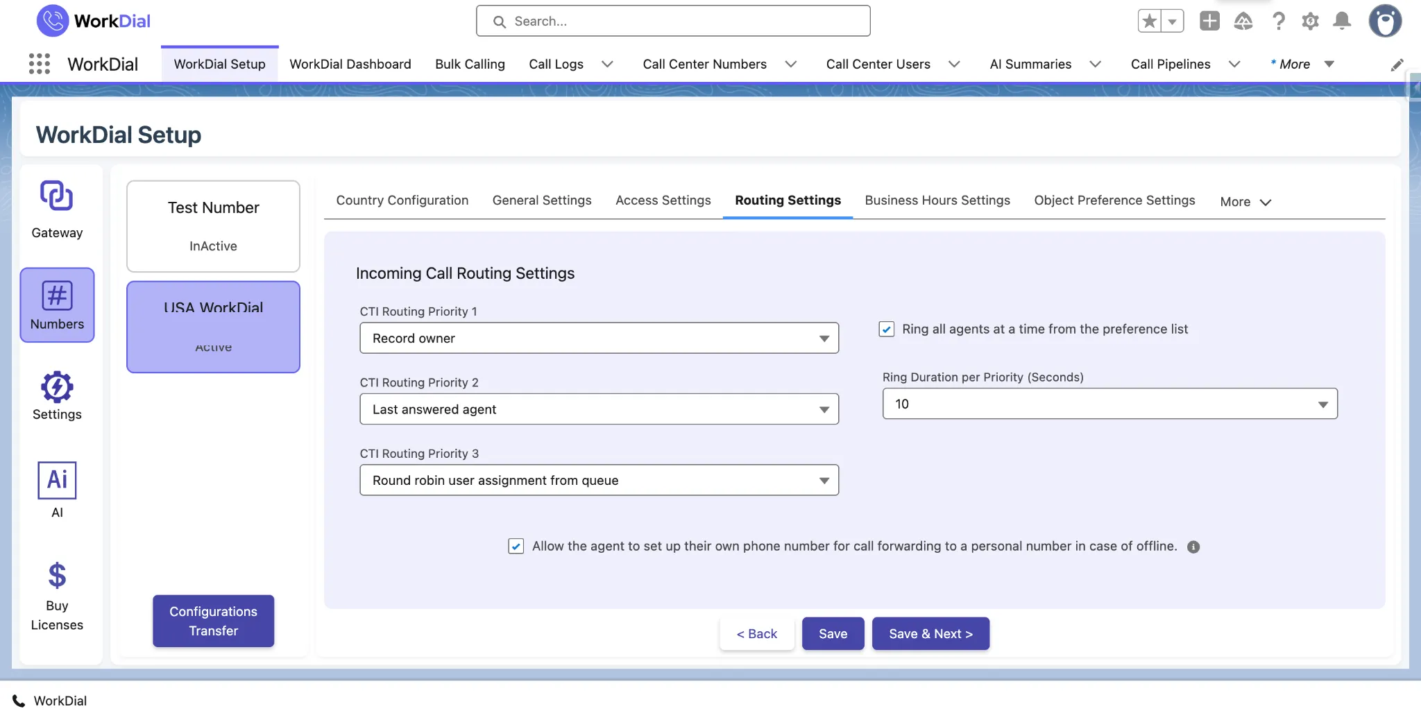 WorkDial call routing settings in Salesforce, routing inbound calls by owner, case status, or region