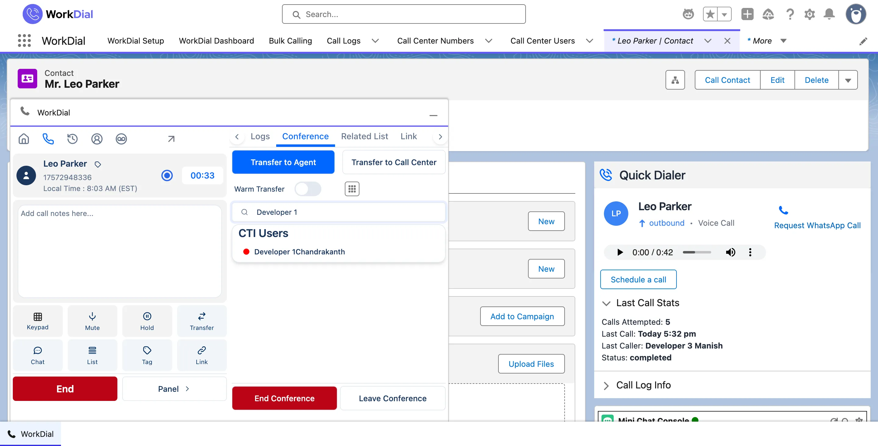 WorkDial in-call controls in Salesforce with the transfer and conference panel open, showing transfer to agent and warm transfer