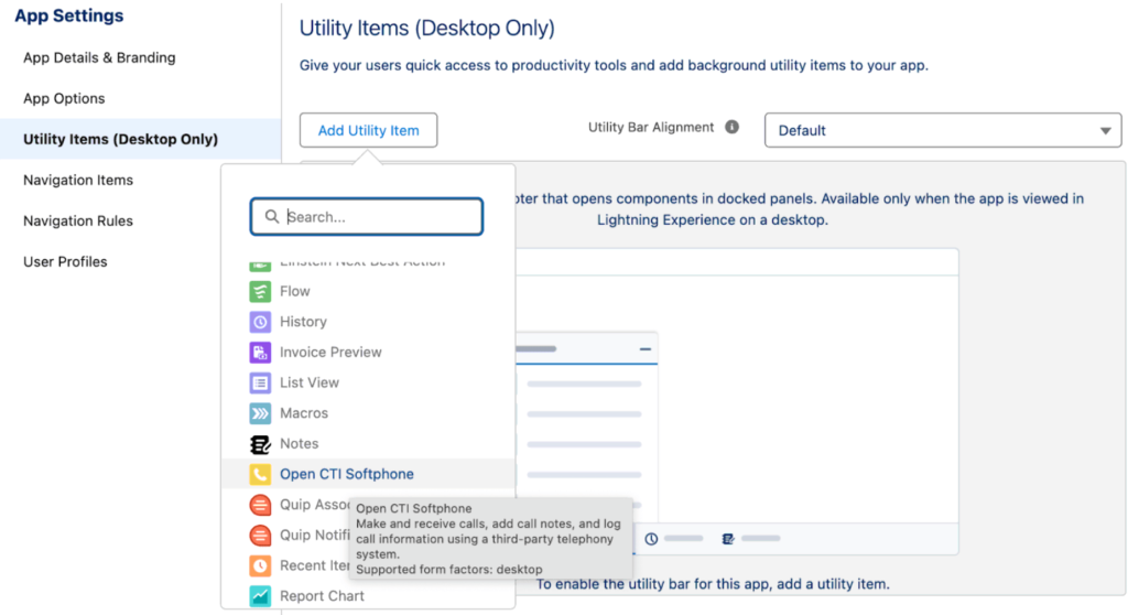 The Add Utility Item menu in App Settings, with Open CTI Softphone selected.