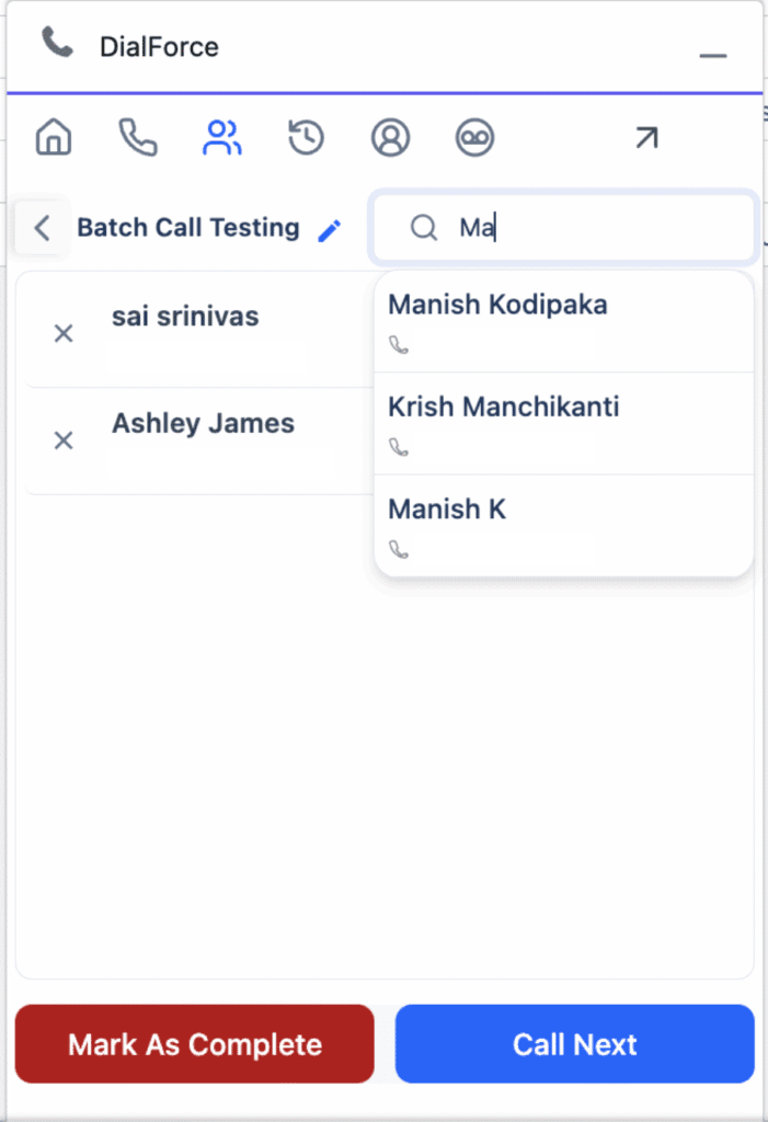 WorkDial dialer panel showing a Batch Item added successfully toast above the batch record list, now with four records.