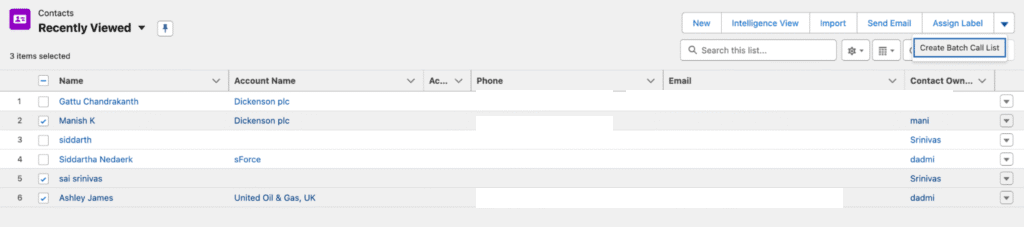 Salesforce Contacts list view with records selected and the Create Batch Call List button in the top toolbar.