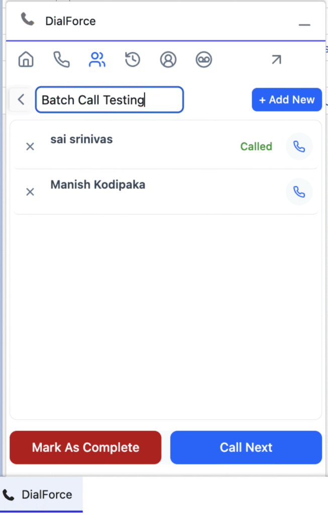 WorkDial dialer panel with the batch name shown in an editable text field after clicking the pencil icon, with a record marked Called.