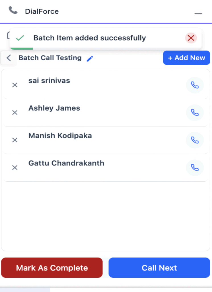 WorkDial dialer panel with the Add New search box open and a keyword typed, showing matching contact results with names and phone numbers.