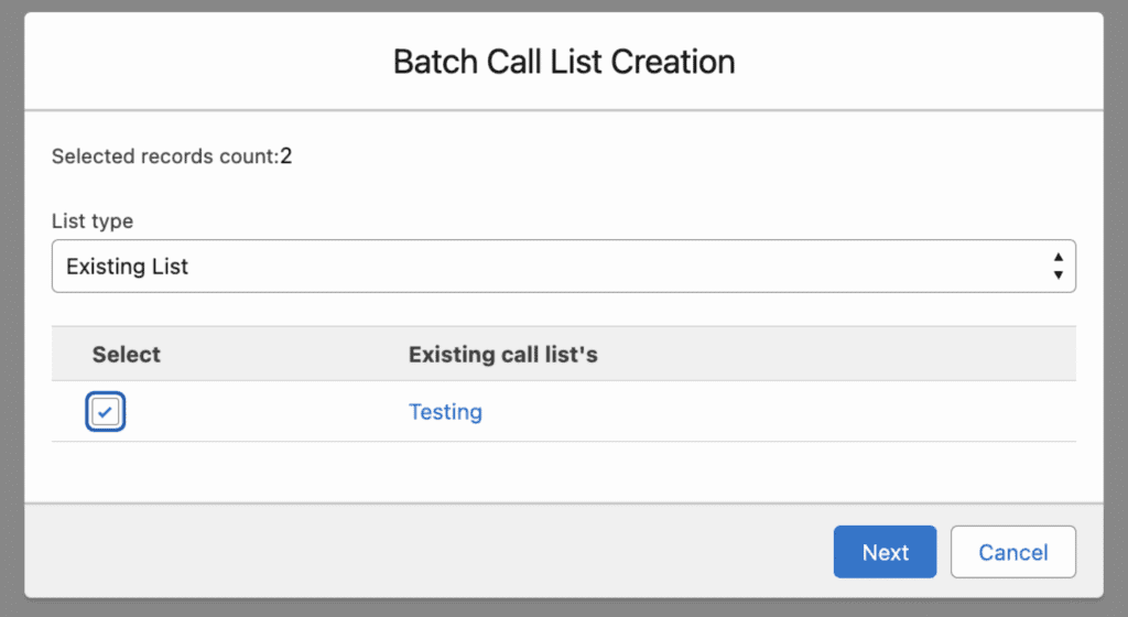 Batch Call List Creation dialog with List type set to Existing List and a checkbox selecting the Testing call list.