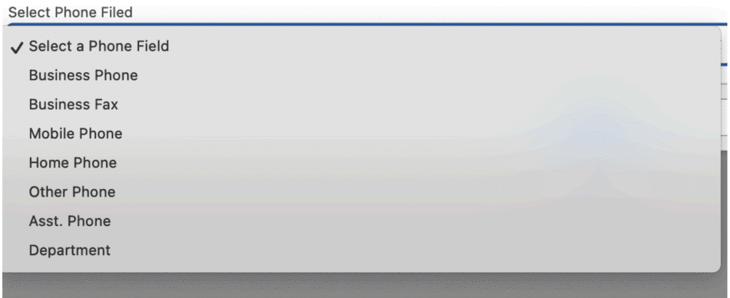 Batch Call List Creation dialog with the Select Phone Field dropdown open, listing options such as Business Phone, Mobile Phone, and Home Phone.