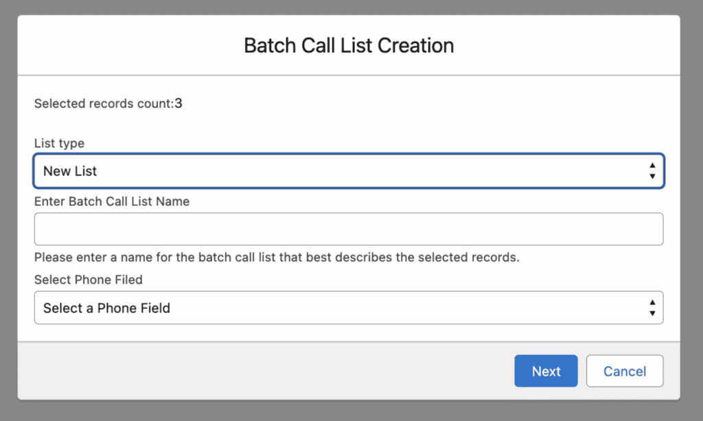 Batch Call List Creation dialog showing the selected records count and the List type dropdown set to New List.
