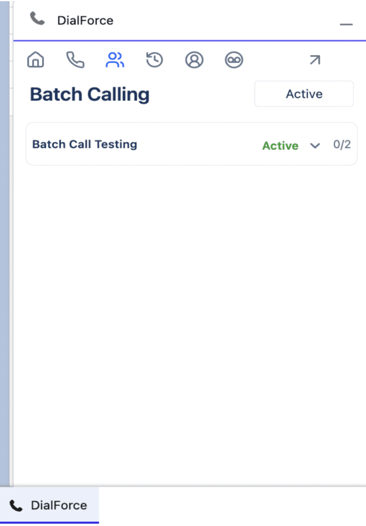 WorkDial dialer panel open on the Batch Calling tab, showing the Batch Call Testing list with an Active status.