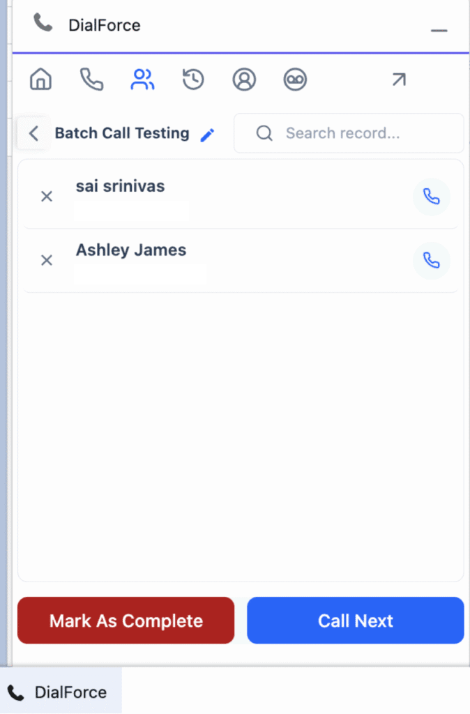 WorkDial dialer panel showing the batch record list with a search record box, an X icon beside each record, and a call icon on the right.