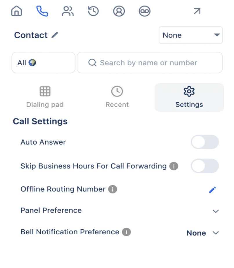 The WorkDial Call Settings panel: Auto Answer, Skip Business Hours for Call Forwarding, Offline Routing Number, Panel Preference, and Bell Notification Preference.