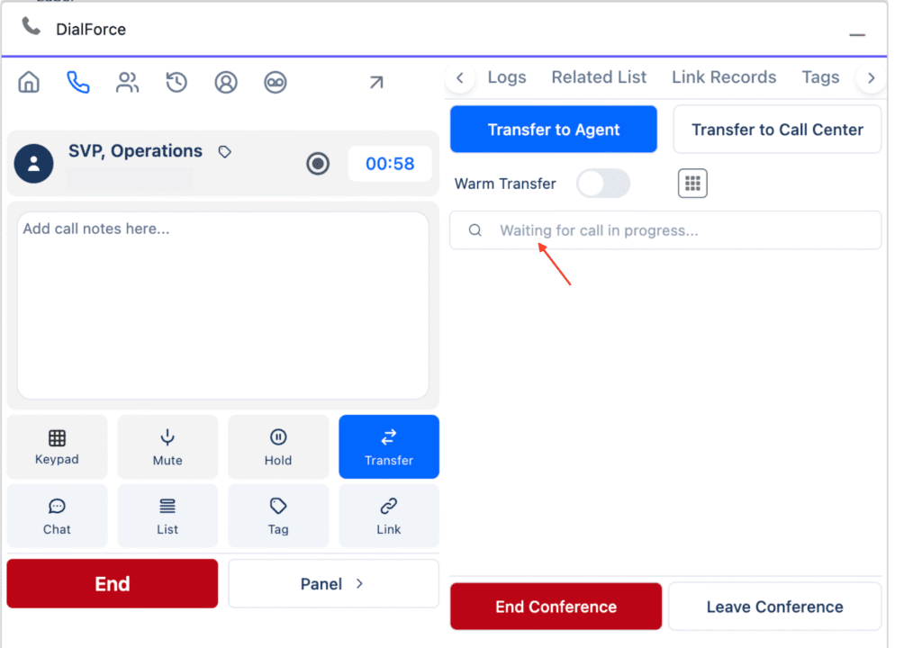 The WorkDial dialer on an active call with the Transfer button selected, showing the conference panel with Transfer to Agent, Transfer to Call Center, a Warm Transfer toggle, a participant search bar, and End Conference and Leave Conference buttons.
