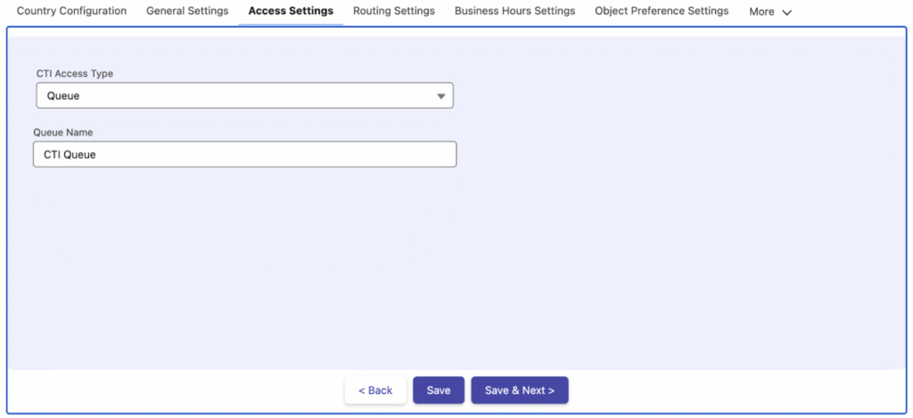 The Access Settings section showing the CTI Access Type options for User-Based and Queue-Based assignment.