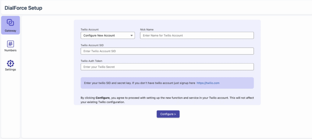 The Twilio Account configuration form with fields for Nick Name, Twilio Account SID, and Twilio Auth Token.