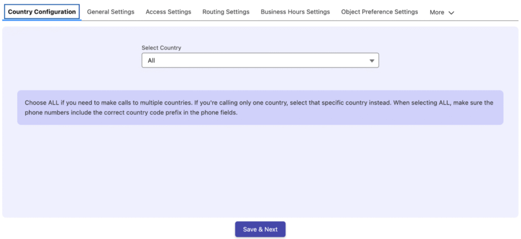 The country configuration setting where you select ALL for multi-country calling or a specific country.