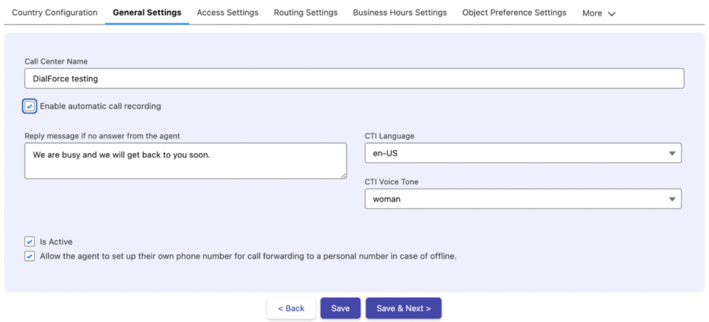 The General Settings section with Call Center Name, Automatic Call Recording, Reply Message if No Answer, CTI Language and Voice Tone, and Is Active fields.