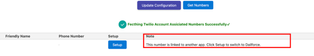 The warning shown when setting up a number on an existing Twilio account that has numbers configured for other purposes.