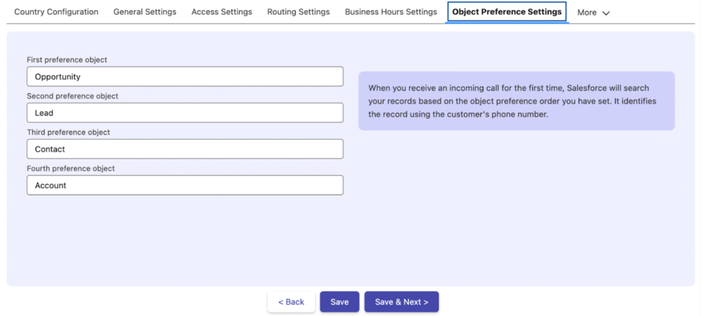 The Object Preference Settings section where you order objects such as Contact and Lead for incoming call record matching.