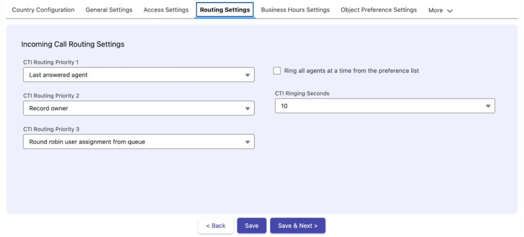 The Routing Settings section with CTI Routing Priority, Ring All Agents, and CTI Ringing Seconds options for Queue-Based routing.