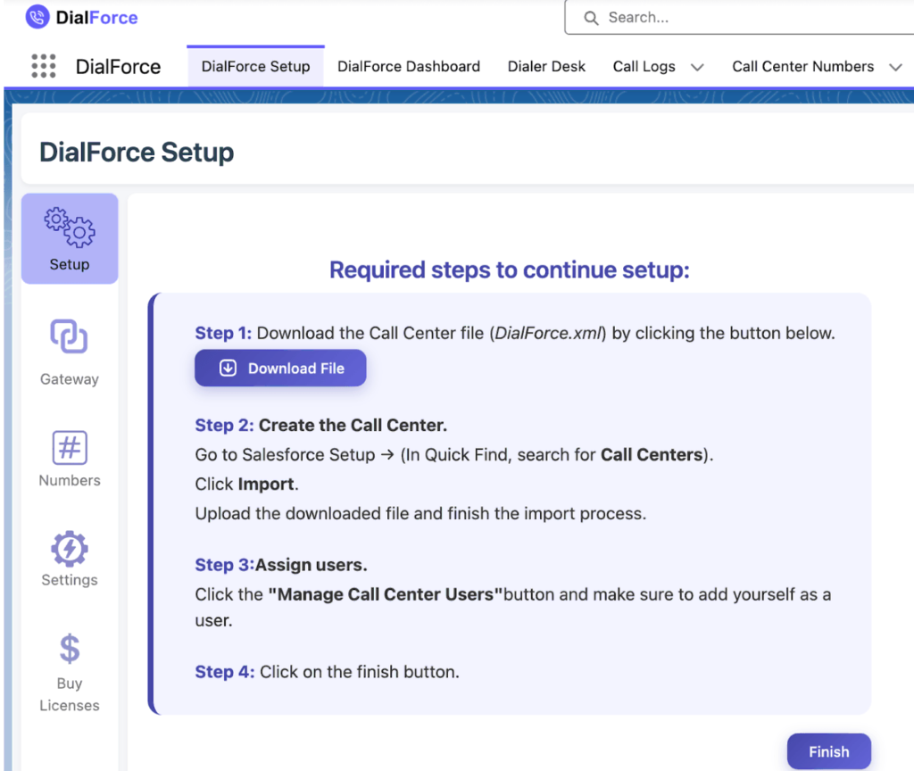 The WorkDial Setup tab in Salesforce showing the call center creation steps on the left and a video guide on the right.