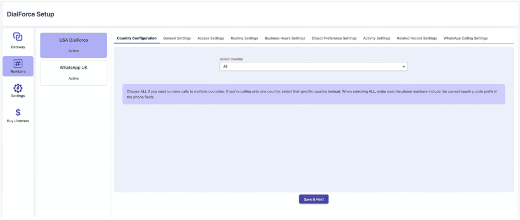 The WorkDial Setup page with the Numbers tab open, showing the configuration tabs.