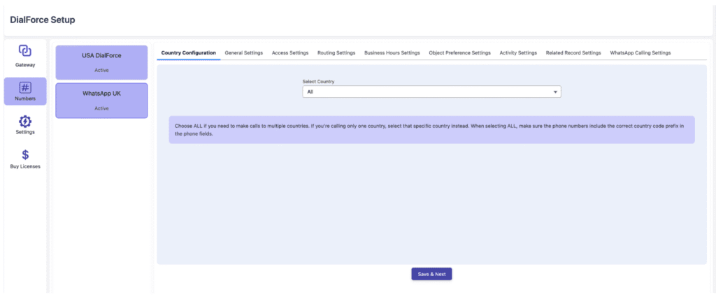 The Country Configuration tab with the Select Country dropdown.