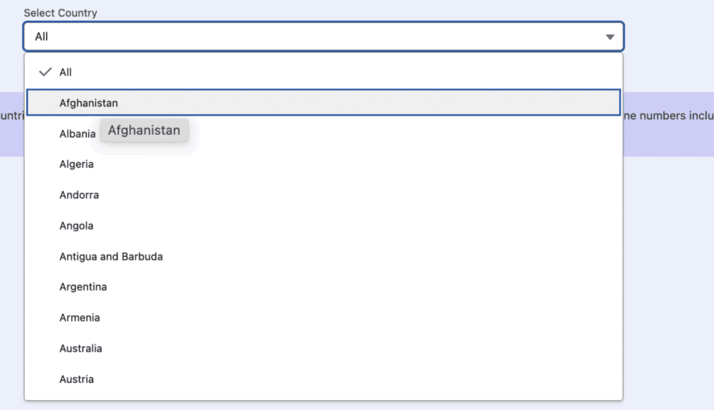The Select Country dropdown expanded to show the list of country options.