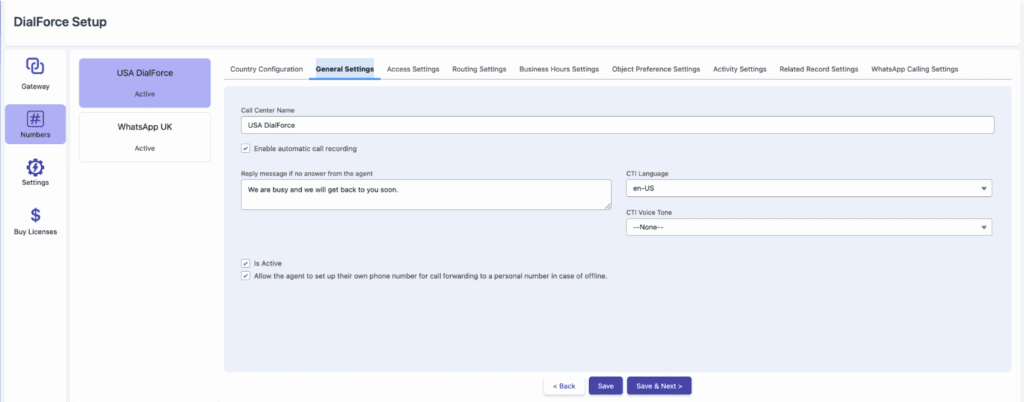 The General Settings tab with the CTI number configuration fields.