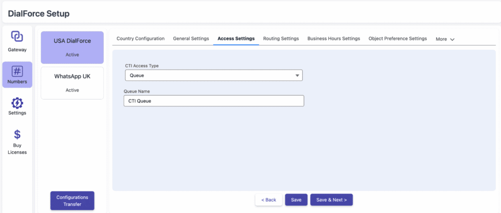 The Access Settings tab that controls who can use the CTI number.